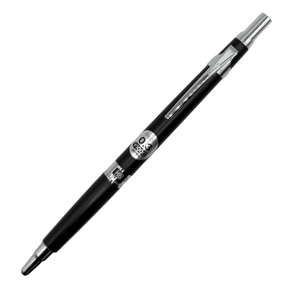 Pilot H-1003 vintage versatil kalem mat siyah gövde ve krom klips, tam boy görünüm, 0.3 mm