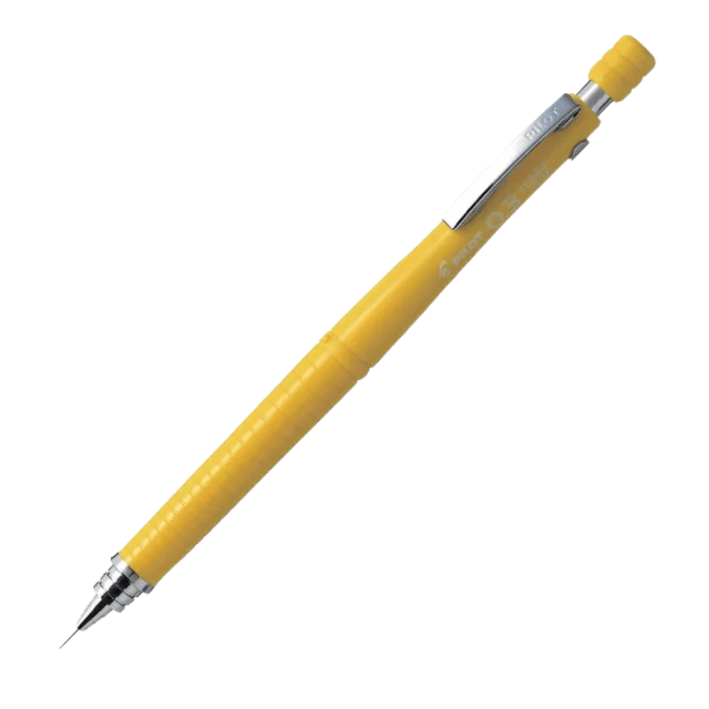 Pilot H32 versatil kalem sarı gövde, krom klips ve yivli kavrama, tam boy görünüm, 0.3 mm