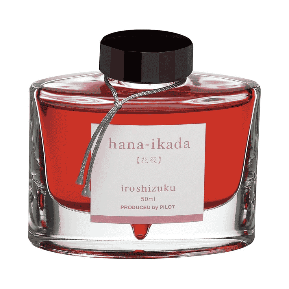 Pilot Iroshizuku Hana-Ikada şişe mürekkep 50 ml, cam şişede pembe kırmızı mürekkep ve etiketi