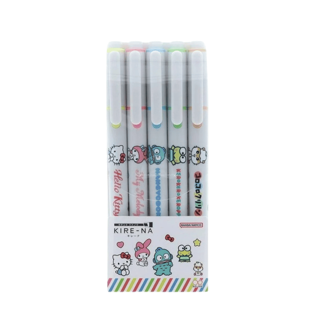 Sun-Star x Sanrio x Pilot KIRE-NA highlighter seti, beş beyaz kalem Sanrio karakterleriyle ambalajında