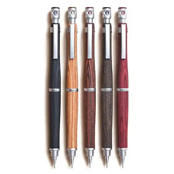 Pilot S20 versatil kalem beş ahşap renk yan yana, siyah, açık kahve, kahve, koyu kahve ve kırmızı, 0.5 mm