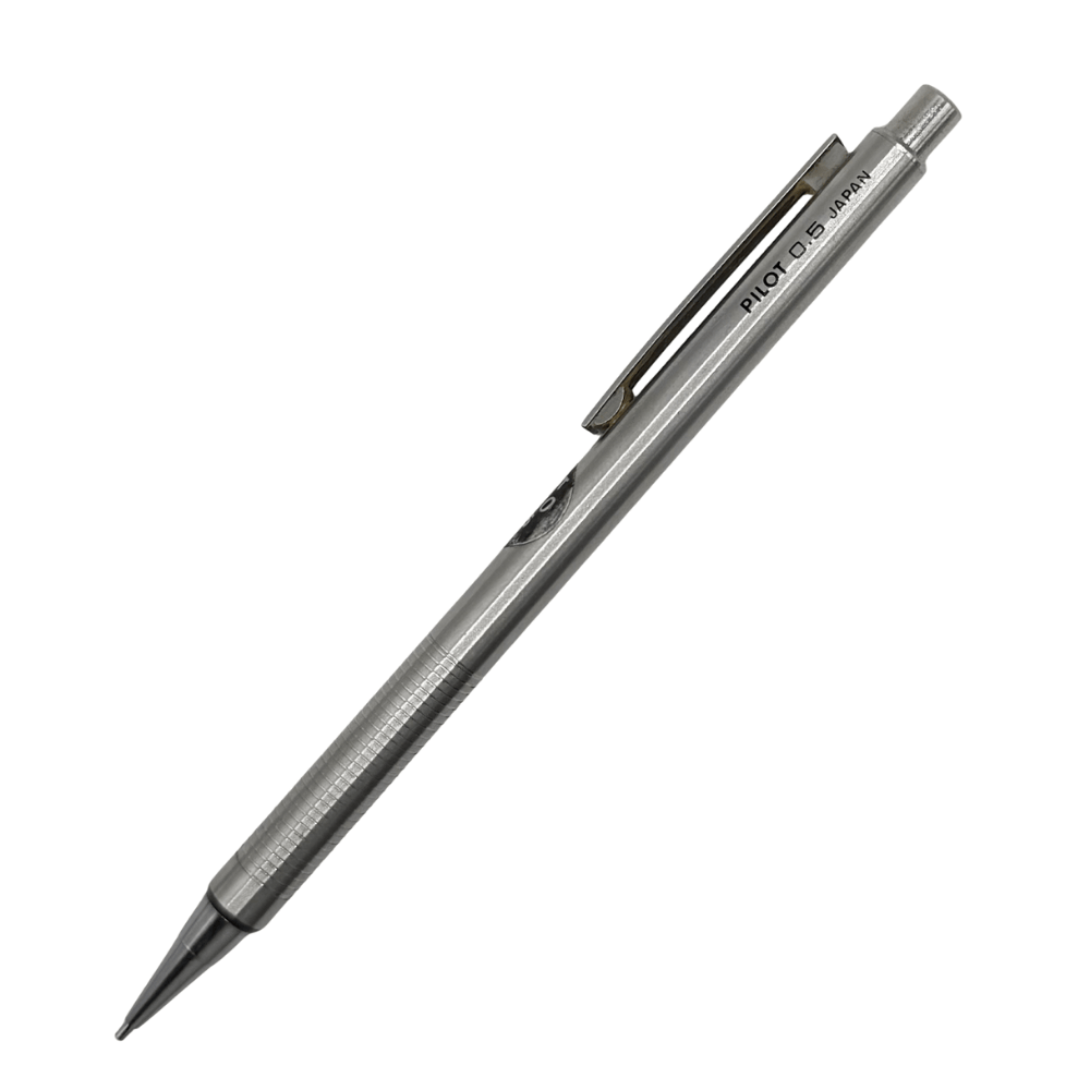 Pilot vintage versatil kalem tamamen gümüş metal gövde, tırtıklı kavrama, tam boy görünüm 0.5 mm