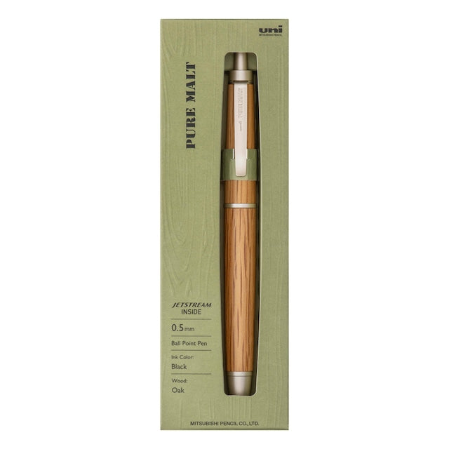 Uni Pure Malt kalemin yeşil kutusu: Jetstream Inside, 0.5 mm, siyah mürekkep ve meşe ağacı bilgisi