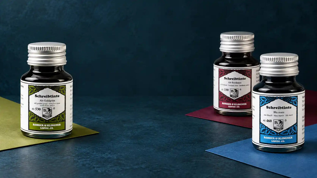 Rohrer & Klingner Alt-Goldgrün, Alt-Bordeaux ve Blu Mare şişe mürekkepleri
