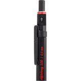 Rotring 500 kalemin tırtıklı üst bölümü, HB uç sertliği penceresi ve siyah klipsi yakın çekim