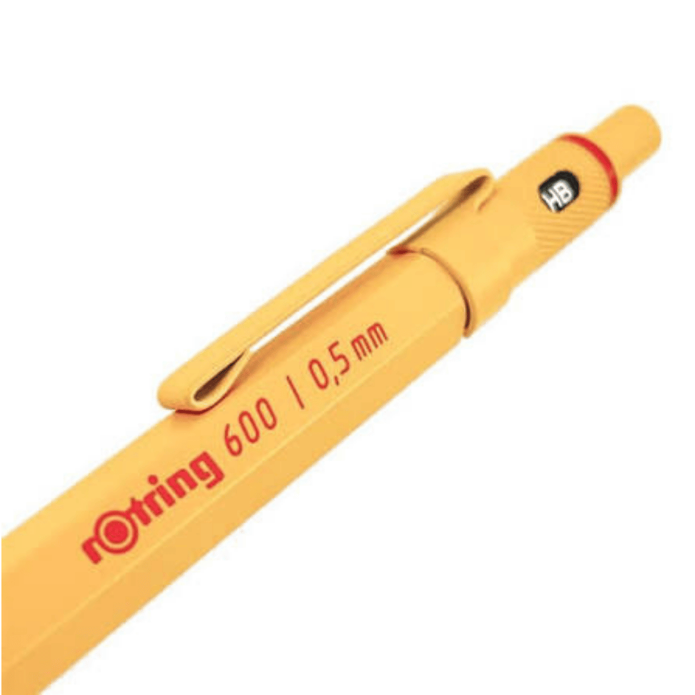 Rotring 600 LOFT gövdesindeki kırmızı rotring 600 0,5 mm baskısı, sarı klips ve HB penceresi