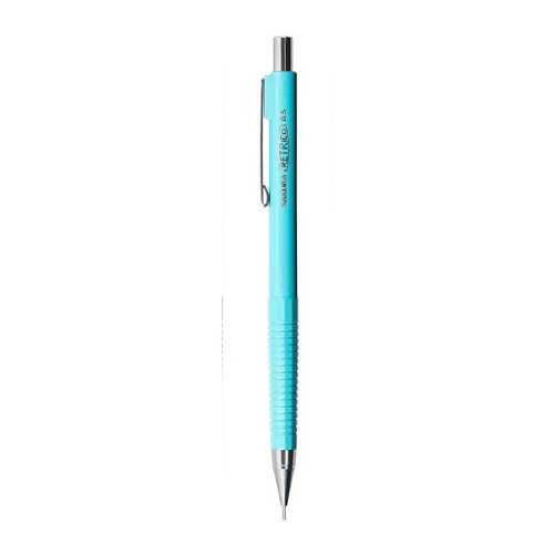 Sakura Retrico versatil kalem açık mavi gövde, krom tıklama başlığı ve klips görünür, 0.5 mm