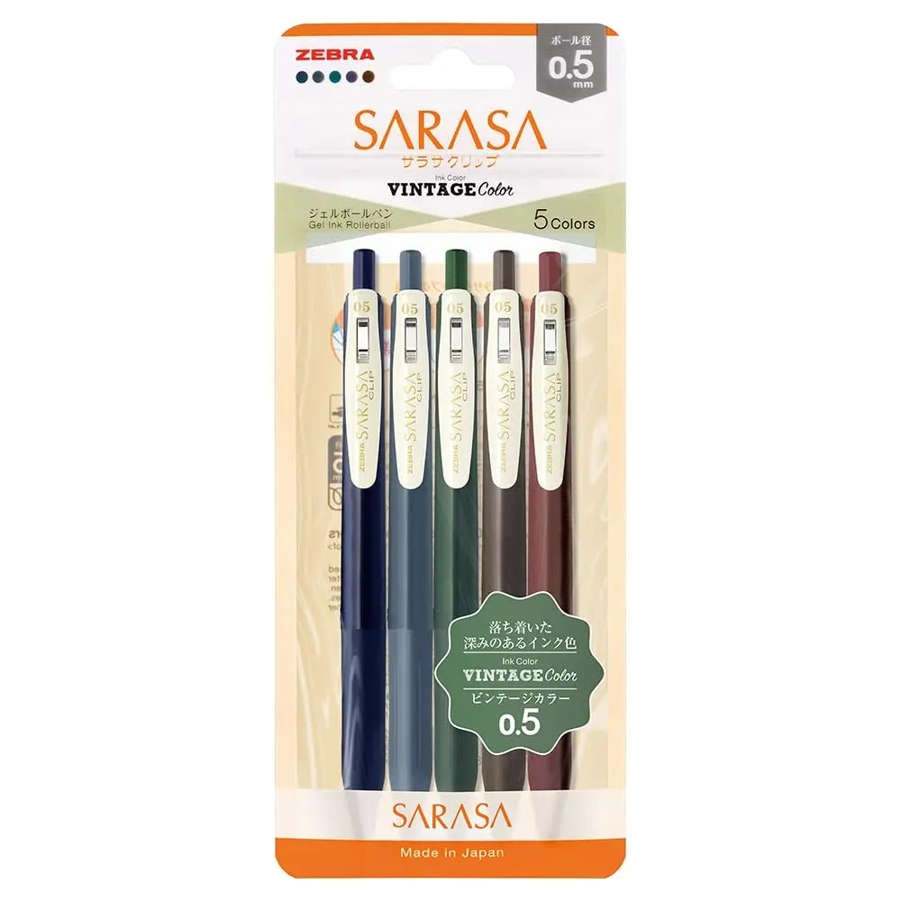 Zebra Sarasa Vintage Color jel kalem 5'li set ambalajı; lacivert, gri mavi, yeşil, kahve ve bordo