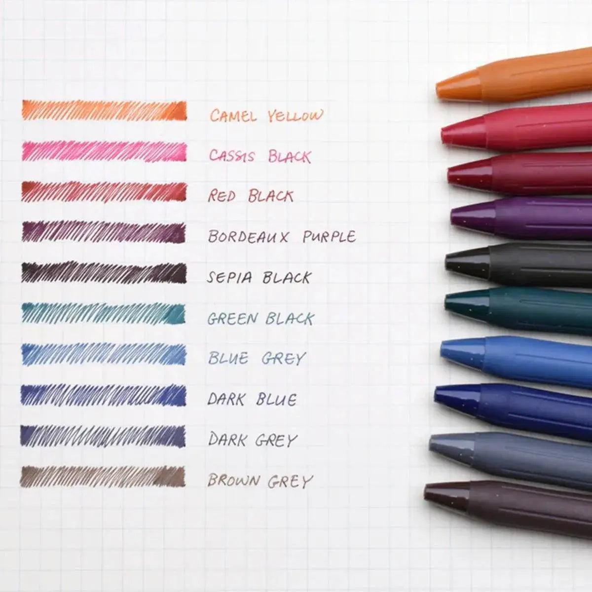 Zebra Sarasa Vintage Color renk denemesi; on renk taraması ve isimleri, yanında kalem uçları