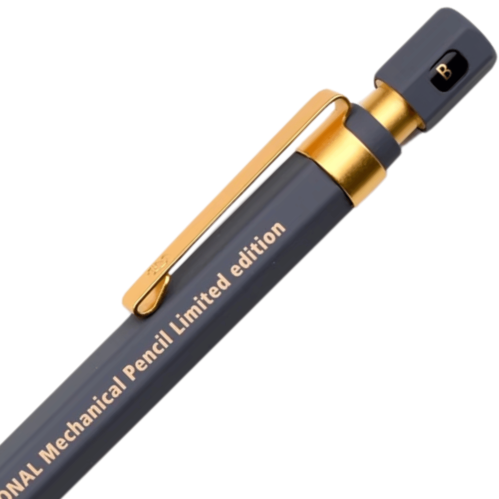 Staedtler Hexagonal kalemin altın klipsi, bileziği ve B harfli tıklama başlığı yakın çekim