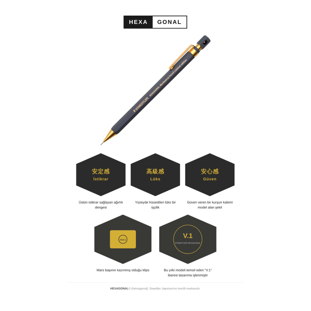 Staedtler Hexagonal kalemin özellik şeması: ağırlık dengesi, lüks işçilik, güven veren tasarım, Mars kazımalı klips ve V.1 işlemesi