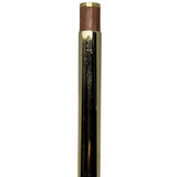 Tombow Exta Deluxe kalemin parlak altın rengi üst gövdesi ve ahşap tıklama başlığı, önden yakın çekim