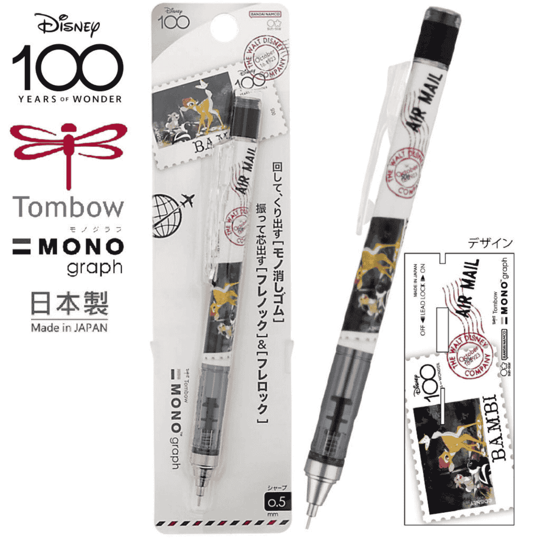 Tombow Mono Graph Disney Bambi baskılı versatil kalem, siyah beyaz film pulu ve ambalajı