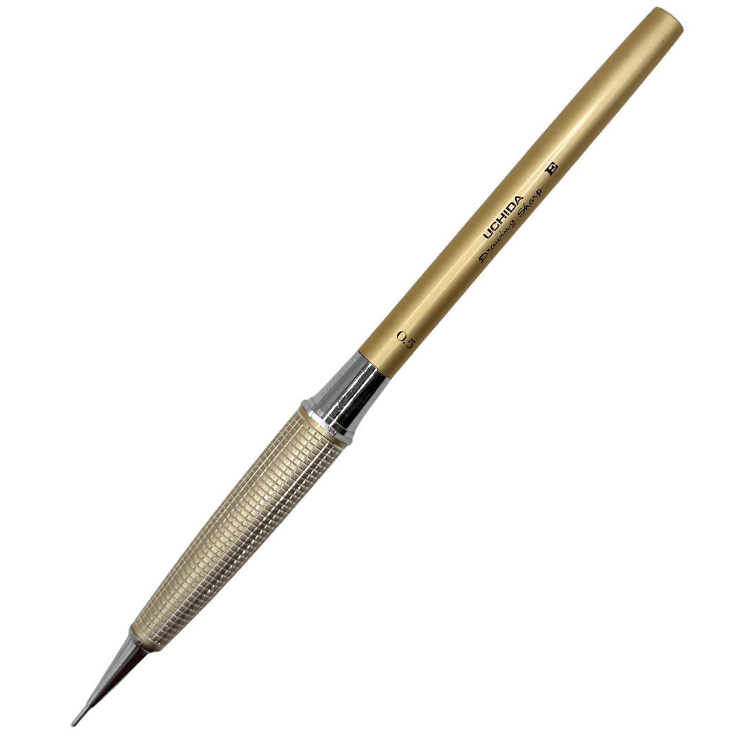 Uchida Drawing Sharp E vintage versatil kalem altın gövde ve tırtıklı metal kavrama, tam boy, 0.5 mm