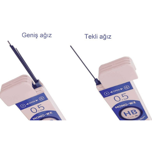 Tombow Mono WX uç tüpünün geniş ağız ve tekli ağız çıkışlarını karşılaştıran iki kareli anlatım