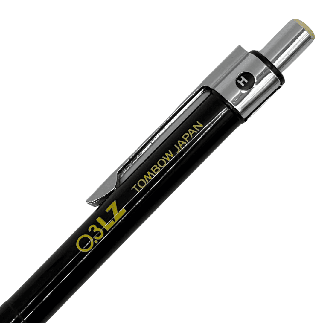 Tombow LZ üst gövdesi, TOMBOW JAPAN yazısı, krom klips ve H sertlik göstergesi