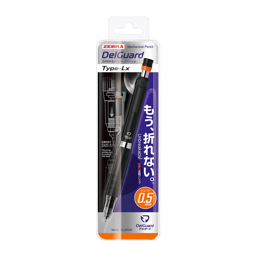 Zebra Delguard Type Lx blister ambalajı, mor zeminde kalem görseli ve Unbreakable ile 0.5 mm baskısı