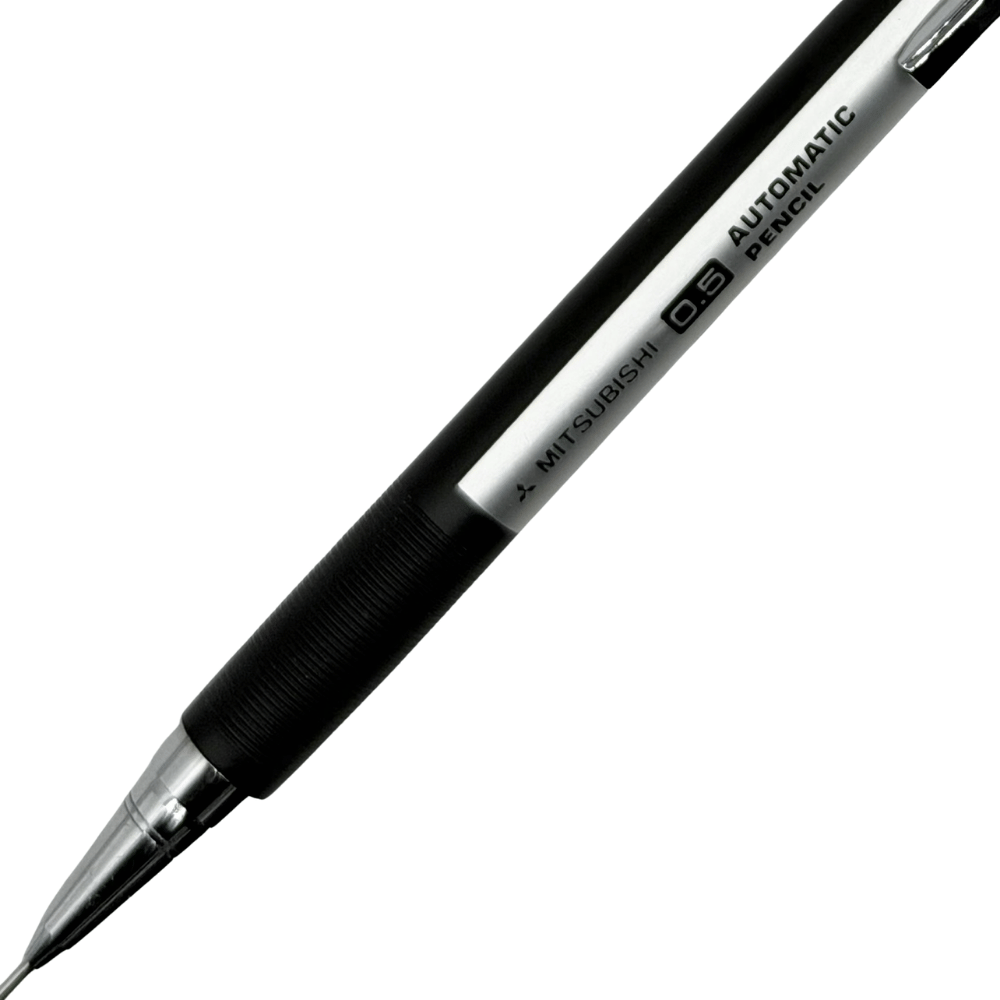 Uni Mitsubishi Automatic gövdesindeki MITSUBISHI 0.5 Automatic Pencil baskısı ve yivli kavrama