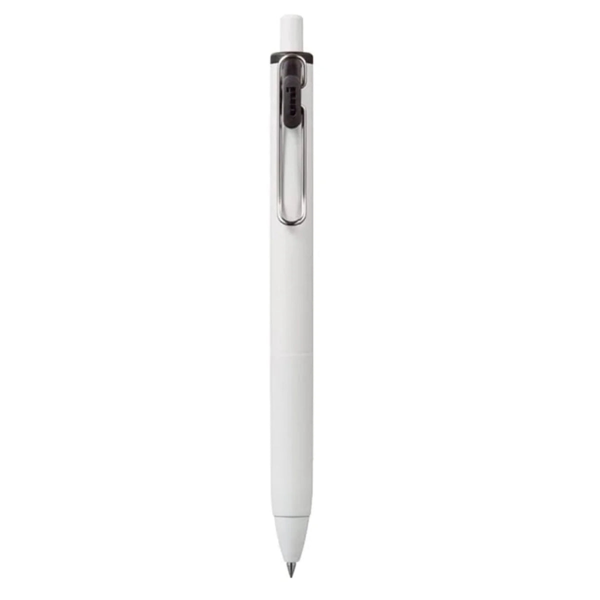 Uni-Ball One jel kalem beyaz gövde, siyah klips ve tıklama düğmesi, tam boy görünüm, 0.38 mm