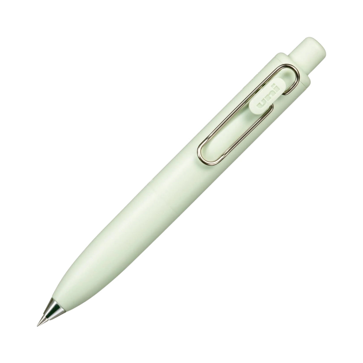 Uni-ball One P jel kalem açık yeşil mat gövde, uni logolu metal klips, çapraz görünüm, 0.38 mm