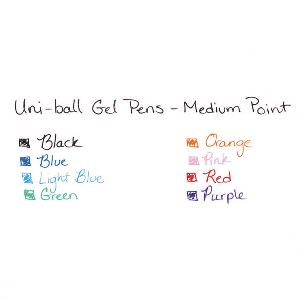 Uni-ball One mürekkep renk örnekleri; siyah, mavi, açık mavi, yeşil, turuncu, pembe, kırmızı ve mor el yazısı