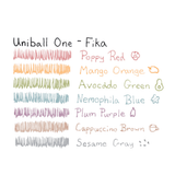 Uni-Ball One Fika renk kartelası; Poppy Red, Mango Orange, Avocado Green, Nemophila Blue, Plum Purple, Cappuccino Brown ve Sesame Gray