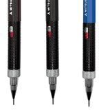 Uni Mitsubishi M5-551 üç kalemin tırtıklı siyah kavraması, 0.5 HB göstergesi ve metal uç detayı
