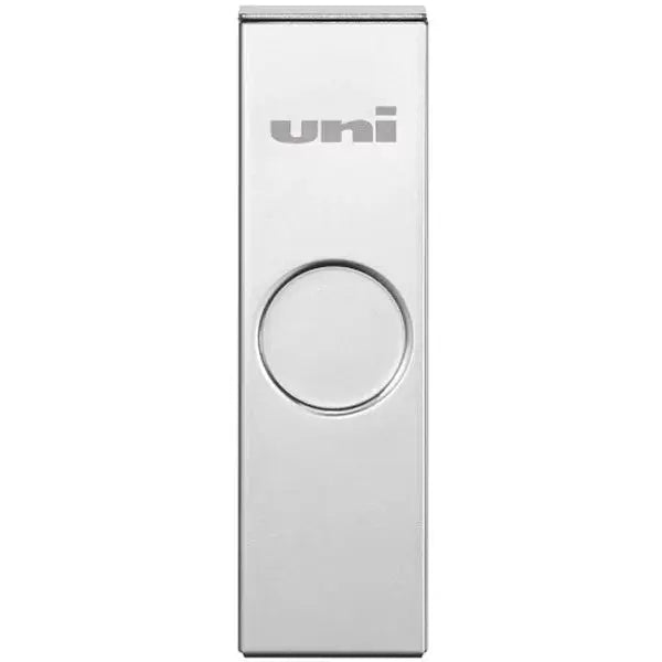 Uni metal uç kutusu, fırçalanmış gümüş gövde, uni logosu ve yuvarlak itme düğmesi, 0.5 mm