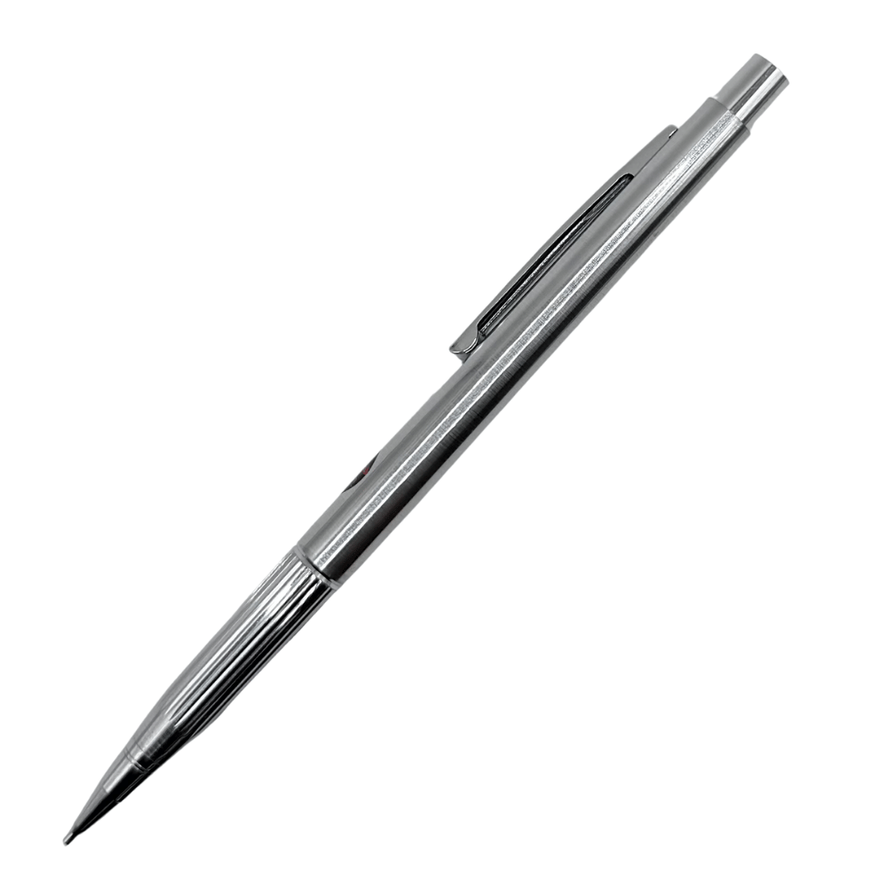 Uni Mitsubishi Jaguar vintage versatil kalem çelik gövde, çapraz açıdan tam boy görünüm, 0.5 mm