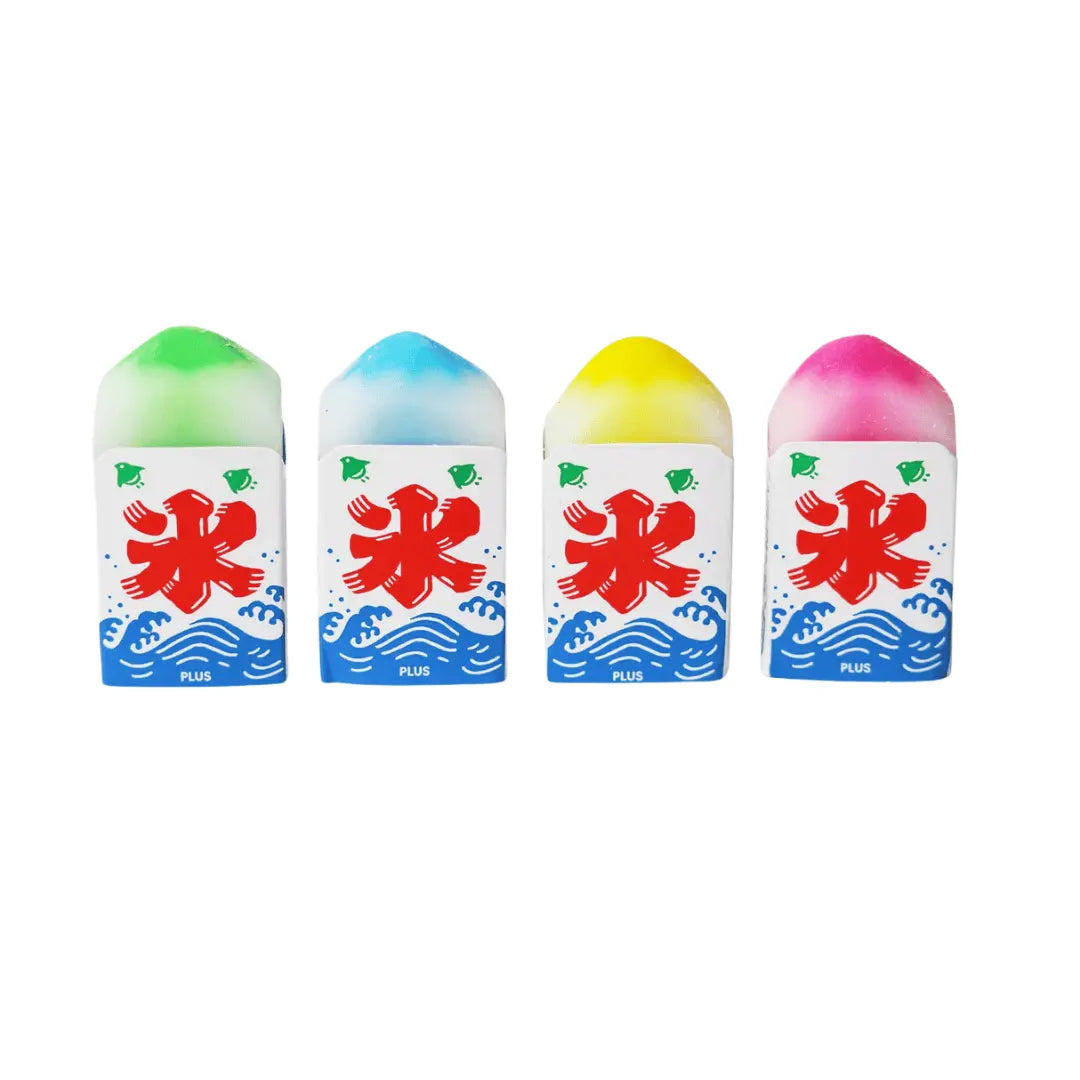 Summer Festival Mt. Fuji silgi limitli üretim; yeşil, mavi, sarı ve pembe tepeli dört silgi yan yana