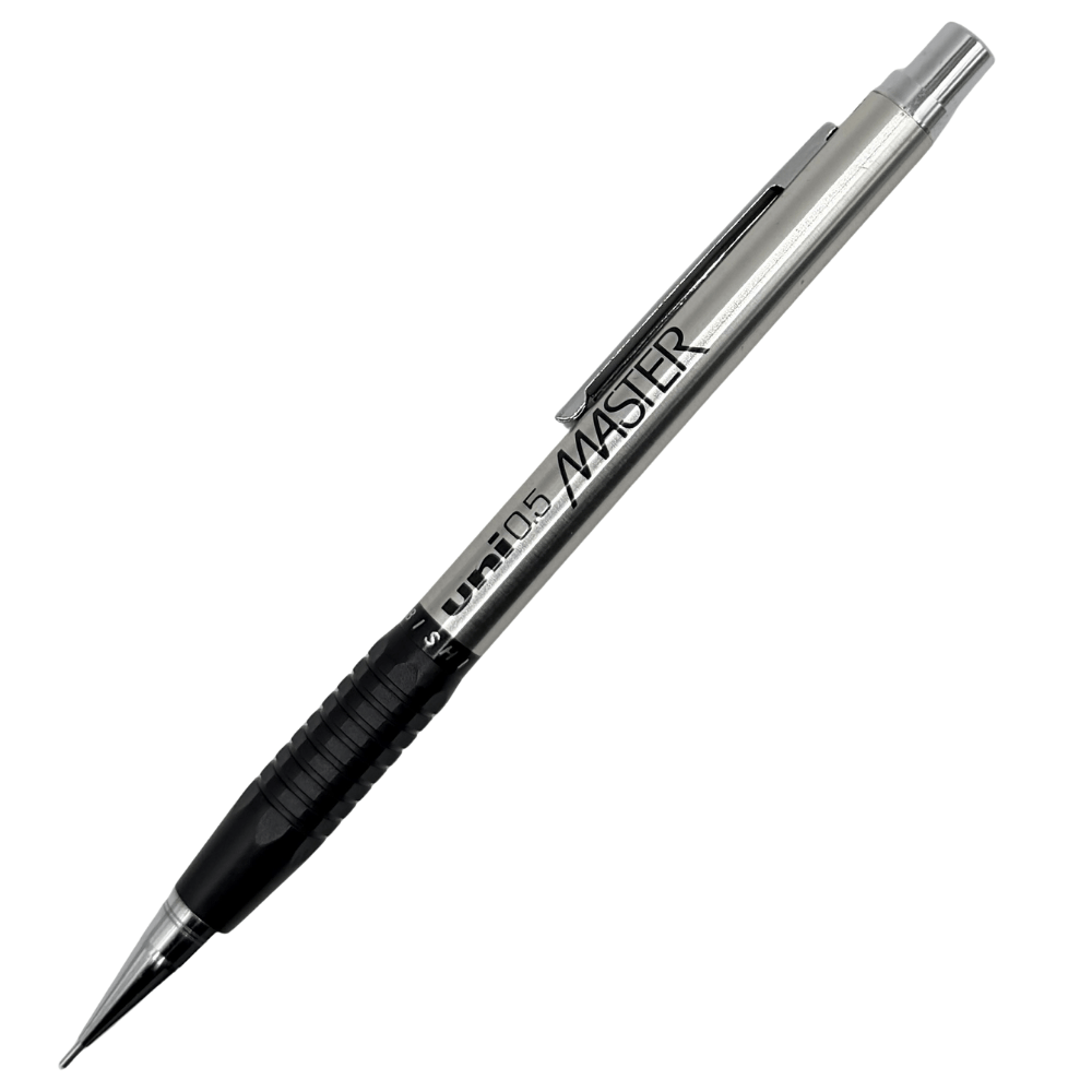 Uni Mitsubishi Master vintage versatil kalem, çelik gövde ve siyah lastik kavrama, 0.5 mm