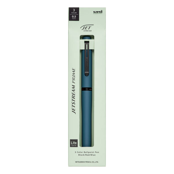 Uni Jetstream Prime Lite Touch mavi kalemin açık yeşil kutu ambalajı, 3 renk ve 0.5 mm etiketli