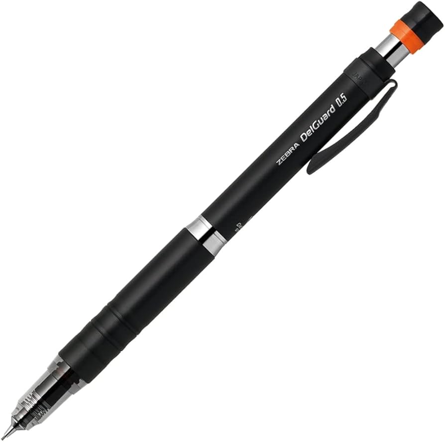 Zebra Delguard Type Lx versatil kalem siyah, tam boy çapraz görünüm, turuncu halkalı tıklama başlığı, 0.5 mm