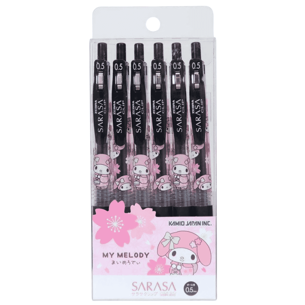 Zebra Sarasa Clip My Melody 6'lı jel kalem seti, sakura desenli kutuda siyah gövdeli kalemler, 0.5 mm