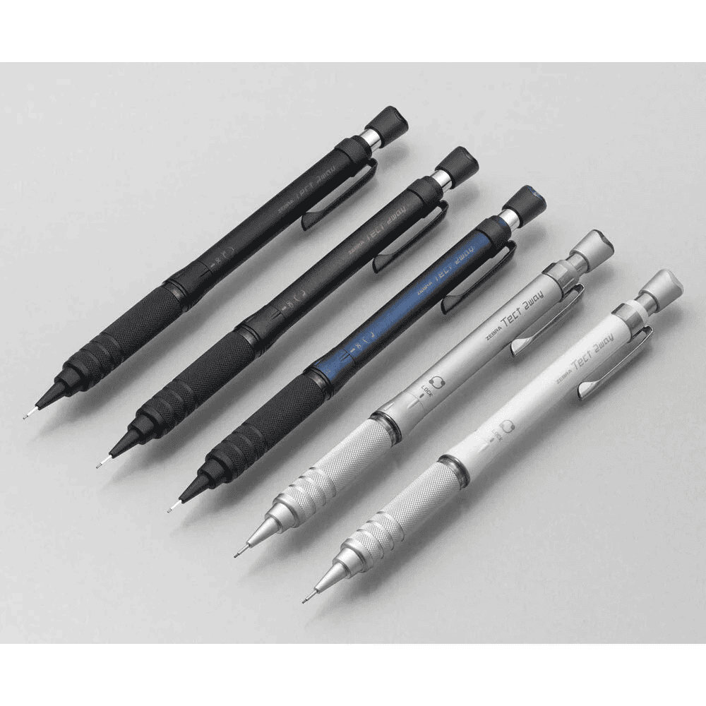 Zebra Tect 2way Metal Grip versatil kalemler yan yana; siyah, kahverengi, mavi, gümüş ve beyaz, 0.5 mm