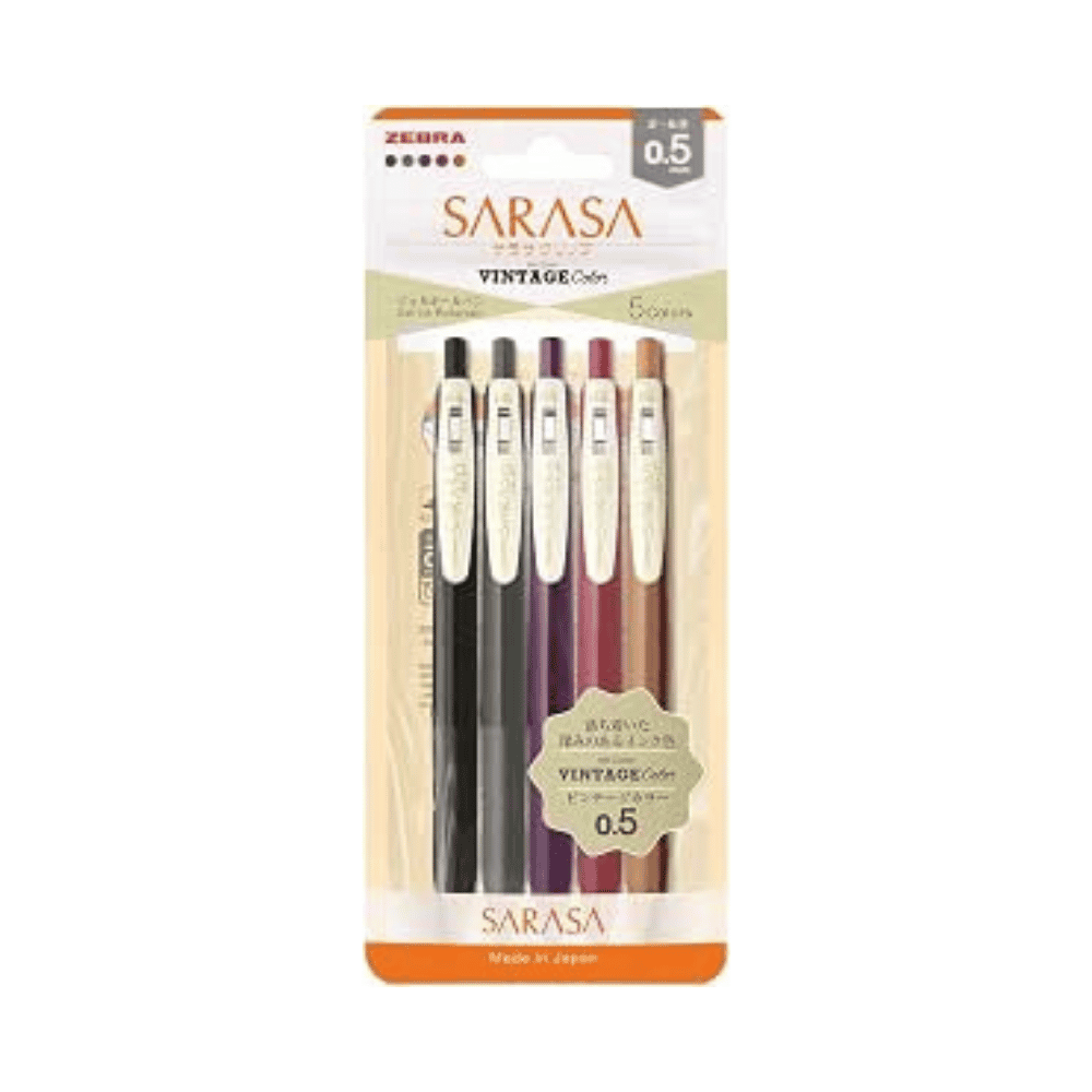 Zebra Sarasa Clip Vintage 5'li jel kalem seti orijinal blister ambalajında, 0.5 mm