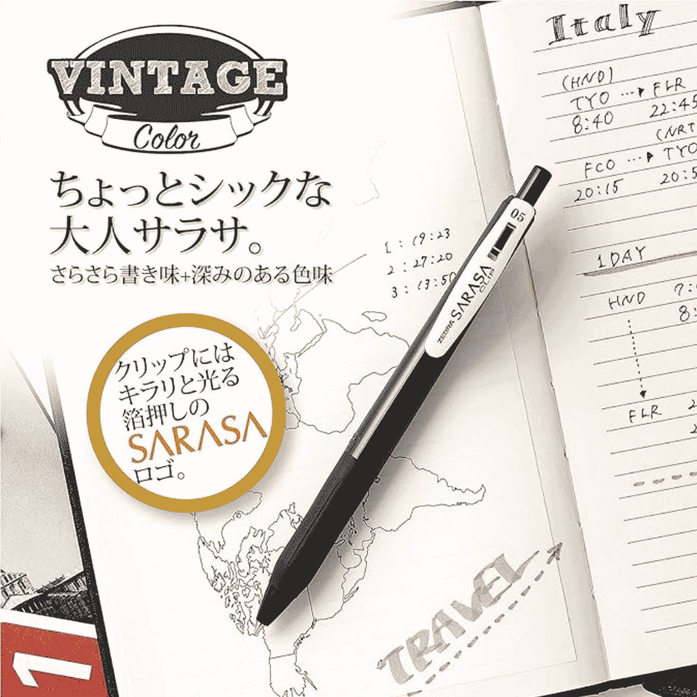 Zebra Sarasa Clip Vintage tanıtım karesi; ajanda üzerinde siyah kalem ve klipsteki SARASA logosu vurgusu